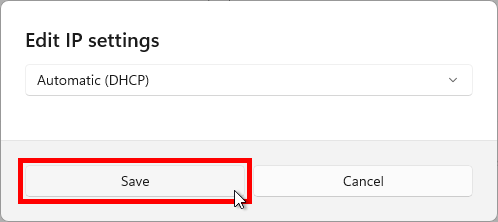 The previously mentioned pop-up dialogue box with 'Automatic (DHCP)' selected, revealing minimal content. The option 'Save' is highlighted with the cursor hovering over this object