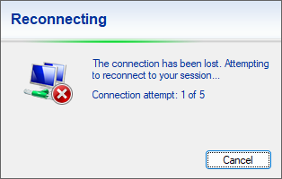 A Remote Desktop Client screenshot showing a 'Reconnecting' problem