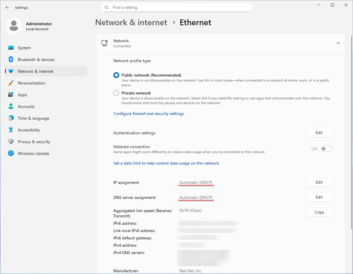 A screenshot of the 'Settings' application inside the 'Network & internet > Ethernet' section. Two fields are underlined: IP assignment showing 'Automatic (DHCP) underlined,  DNS server assignment: 'Automatic (DHCP)' underlined 