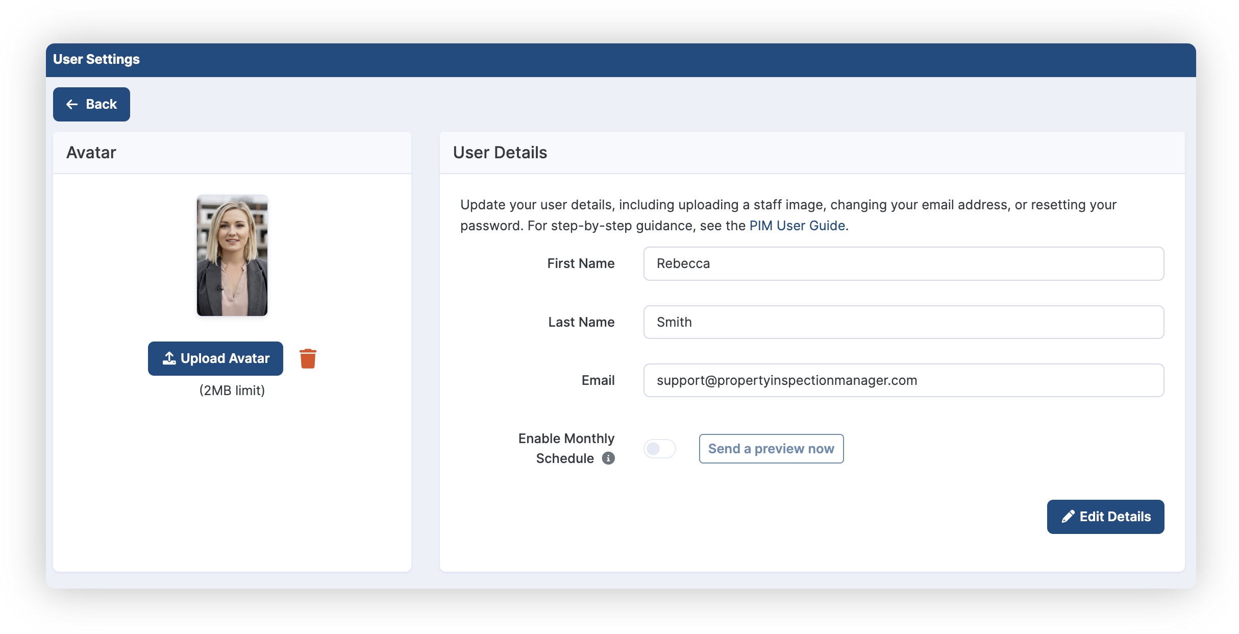 PIM Cloud Dashboard User Details page showing Enable Monthly Schedule toggle and Send a preview now button