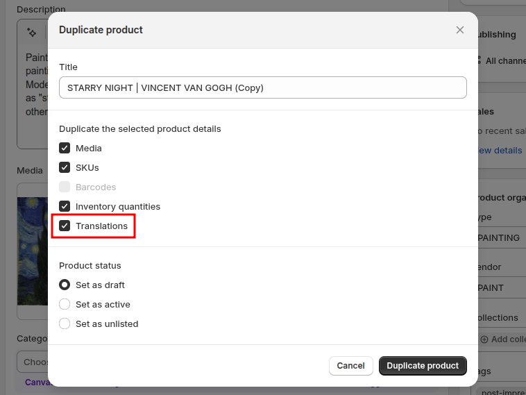 Shopify's product duplication dialogue with the Translations option disabled