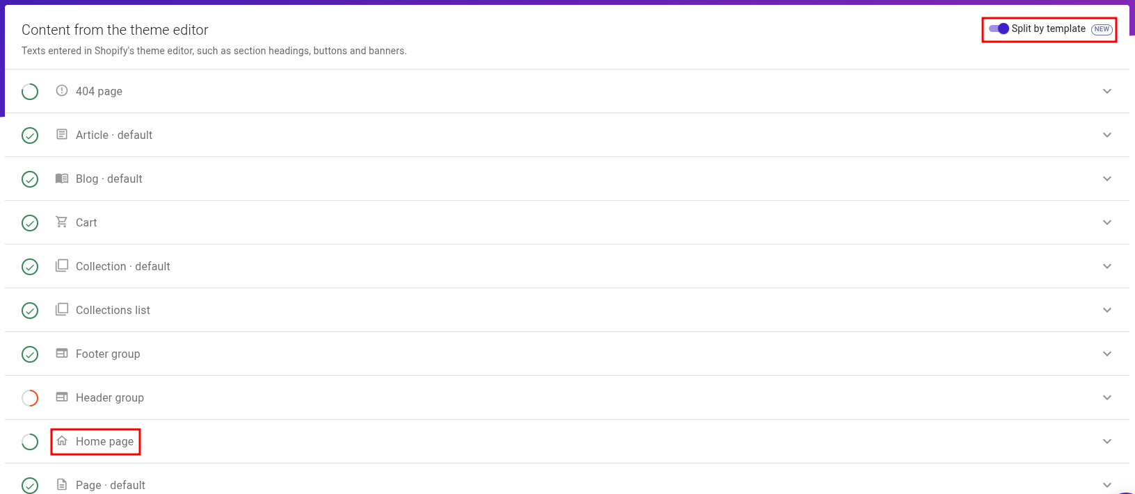Use Split by template option and find the Homepage subsection