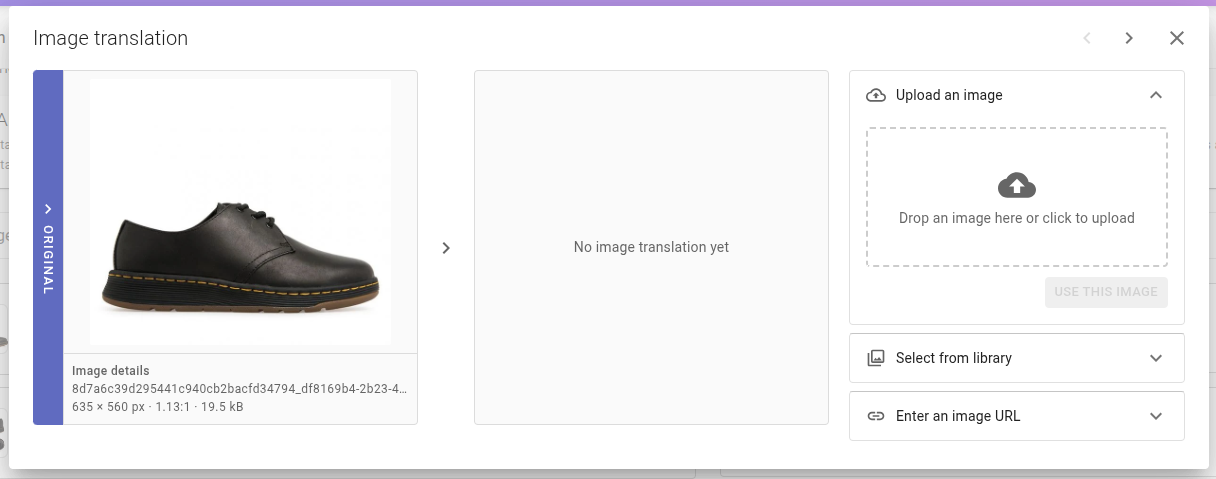 Image translation pop-up with the options to upload an image, select from library or enter an image URL