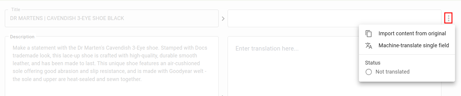 Open Field Edit menu with options to Import from original and Machine-translate single field