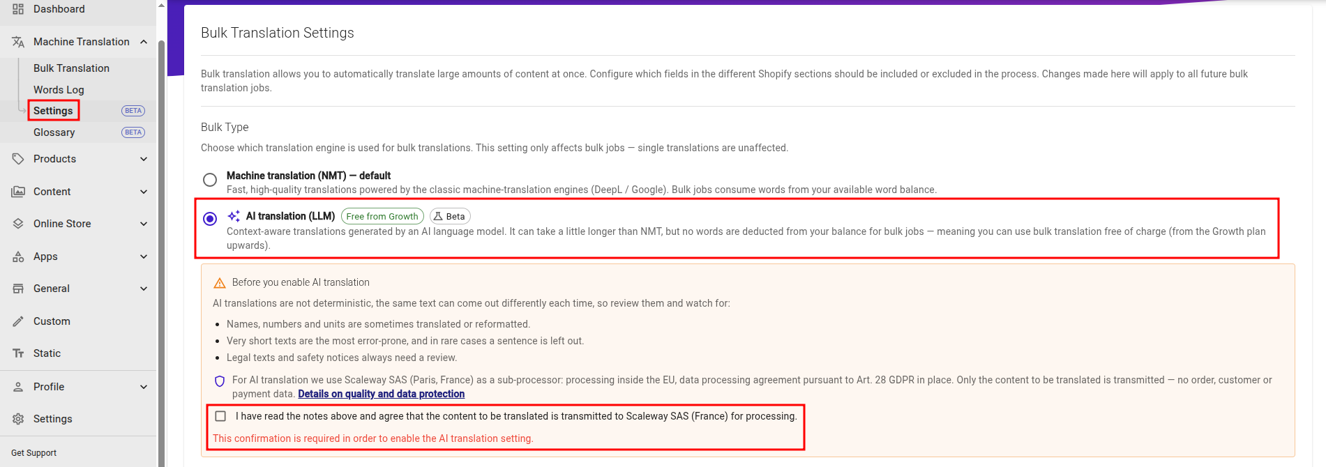 AI Translation option in the Bulk Translation Settings