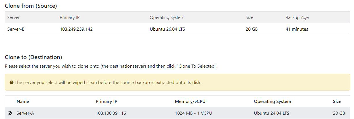 Server-B with Ubuntu 26.04 as the source and Server-A with Ubuntu 24.04 selected as the destination
