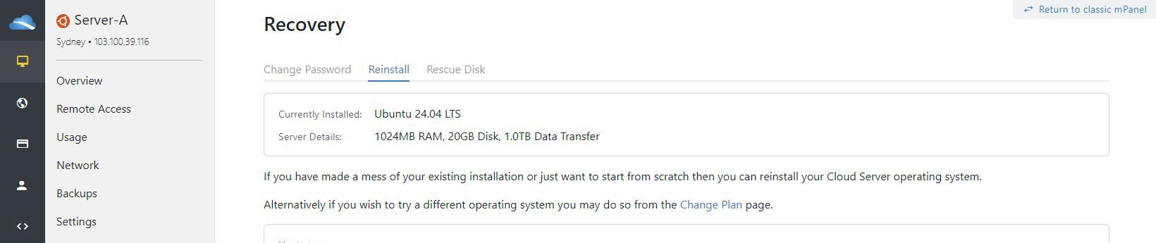 The new panel's Recovery page with Reinstall selected and Ubuntu 24.04 LTS shown as Currently Installed