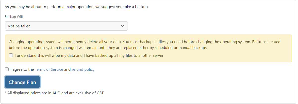 Change Plan data-loss warning and unchecked acknowledgement and terms fields