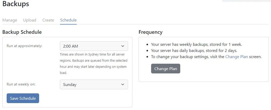 The new panel's backup schedule and configured backup frequency