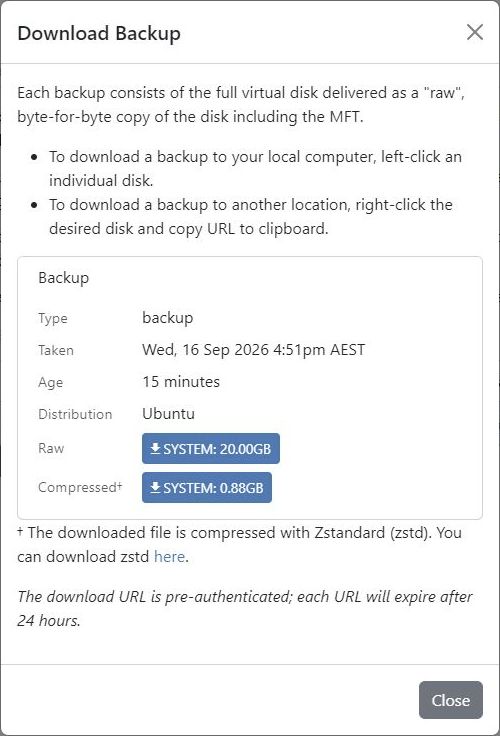 Raw and Zstandard-compressed disk download options in the new panel