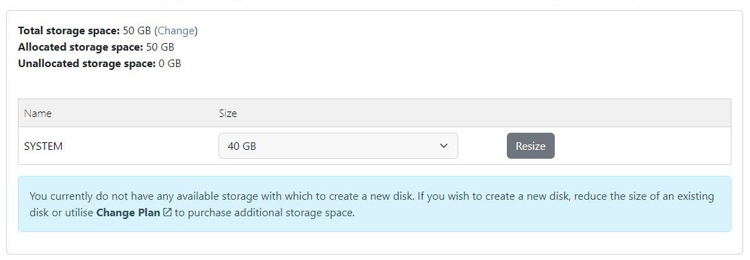 mPanel SYSTEM allocation with 40 GB selected before resizing