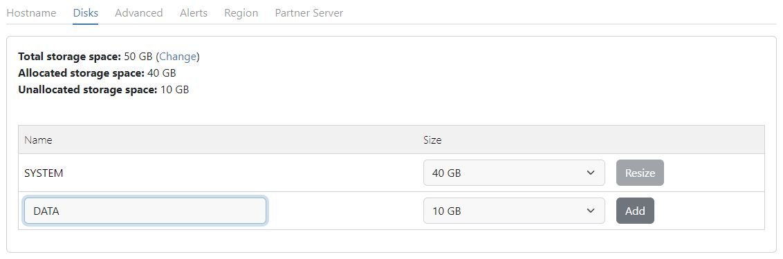 mPanel with 10 GB unallocated and the new DATA allocation ready to add