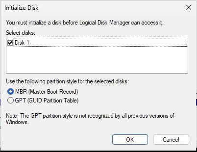 Initialize Disk dialog with only the new Disk 1 selected
