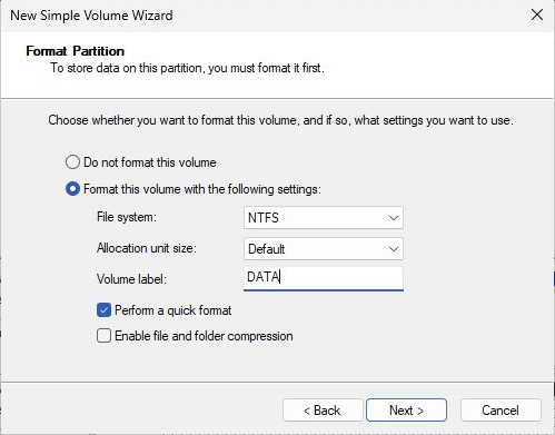 New Simple Volume settings: NTFS, default allocation unit size, DATA label and quick format