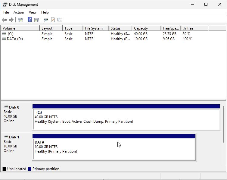 Healthy Windows C: 40 GB and separate DATA D: 10 GB volumes