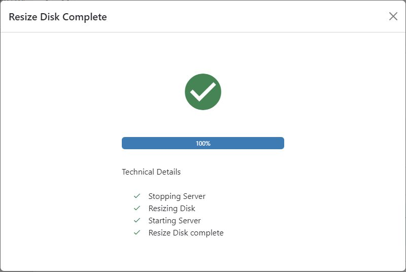 mPanel confirmation that the disk resize is complete