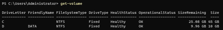 Windows reporting healthy C: 45 GB and DATA D: 10 GB volumes after resizing