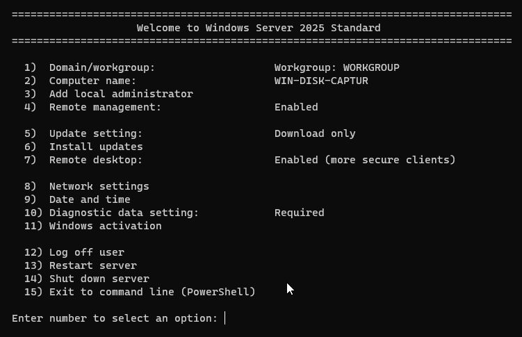 Windows Server 2025 SConfig main menu showing option 5, Update setting