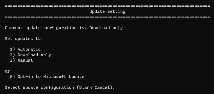 SConfig update choices: Automatic, Download only and Manual