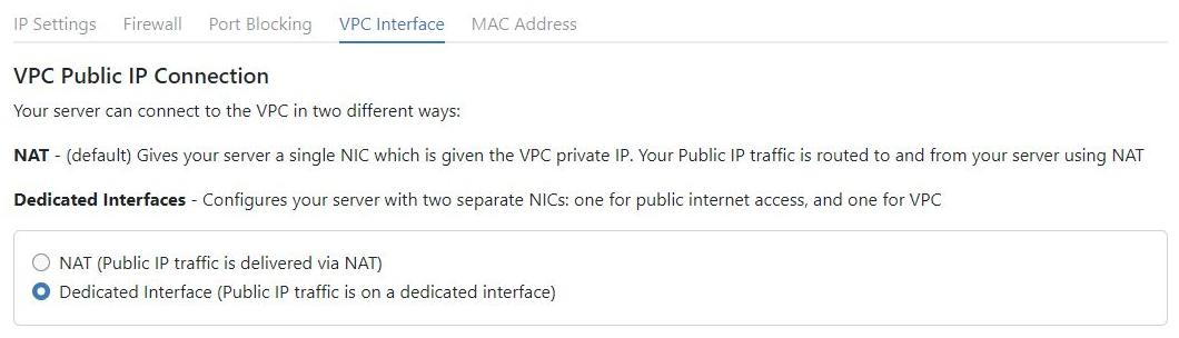 VPC Interface tab showing NAT and Dedicated Interface, with Dedicated Interface selected