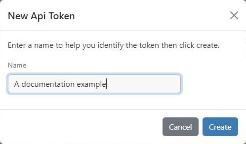 New Api Token form in mPanel with the example name A documentation example and the Create button.