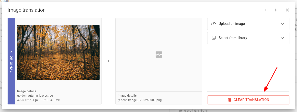image translation popup with highlighted Clear Translation option in the lower right corner