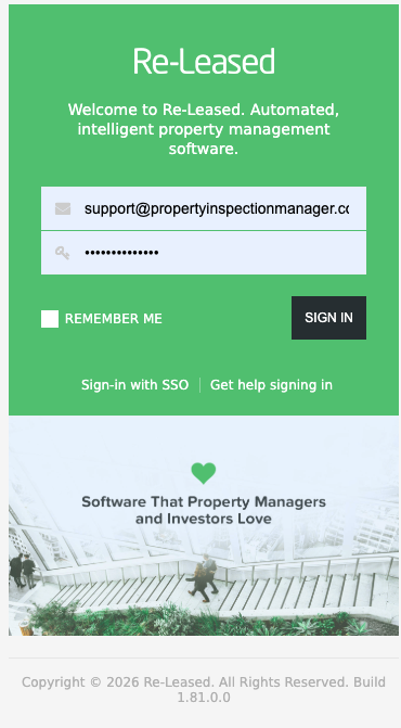 Re-Leased login screen — enter email and password