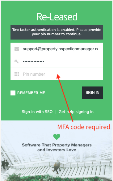 Re-Leased 2FA screen — enter PIN number