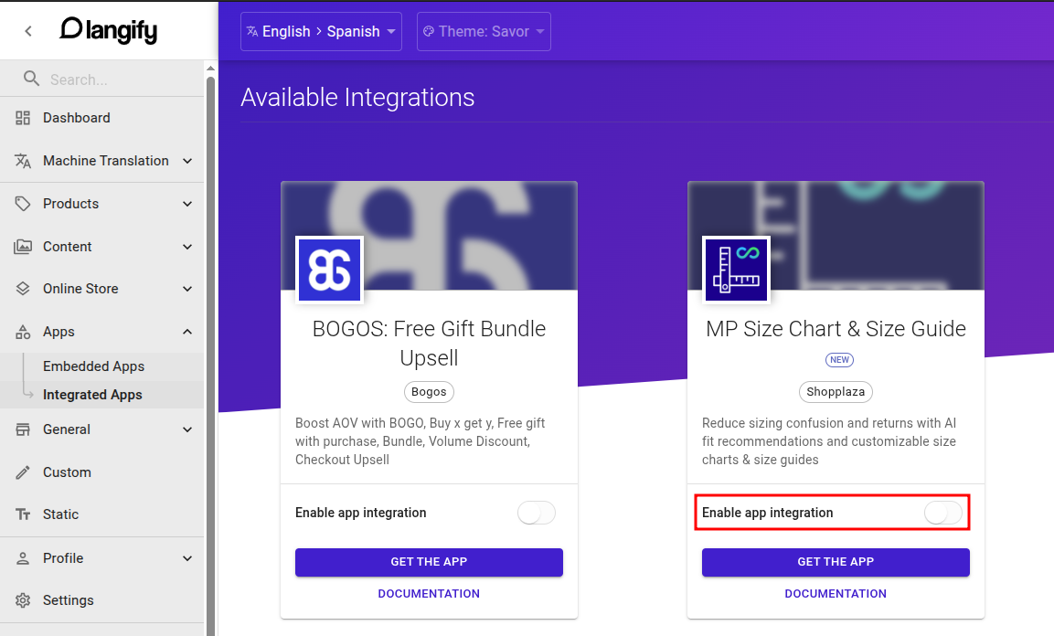 Available Integrations page in langify with the Enable app integration toggle highlighted on the MP Size Chart & Size Guide card