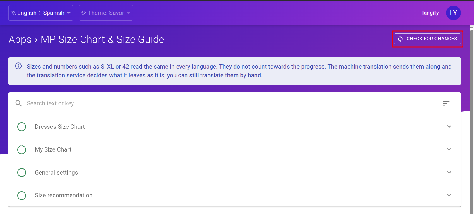 MP Size Chart & Size Guide section in langify with the Check for Changes button highlighted