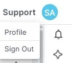 The menu under your initials at the top right of NextCrew, showing Profile and Sign Out.