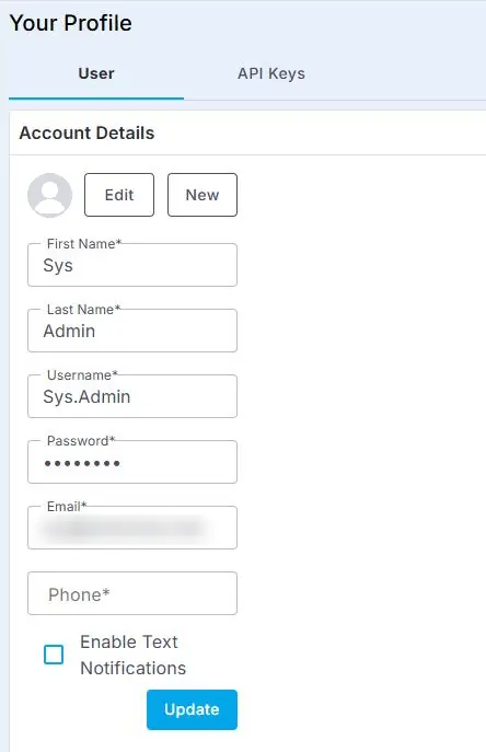 The Your Profile page on the User tab, showing the Account Details fields: First Name, Last Name, Username, Password, Email, Phone, Enable Text Notifications and the Update button.