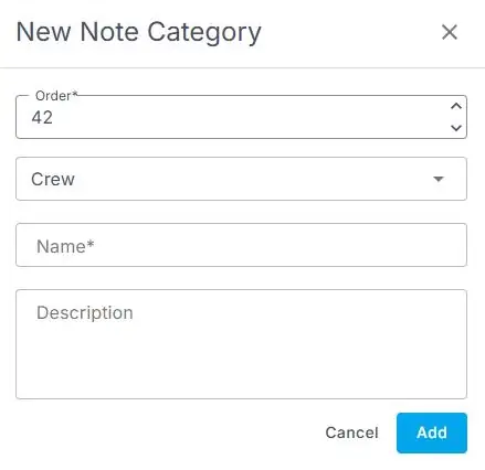 The New Note Category form in NextCrew, with fields for Order, the record type (set to Crew), Name and Description, and Cancel and Add buttons