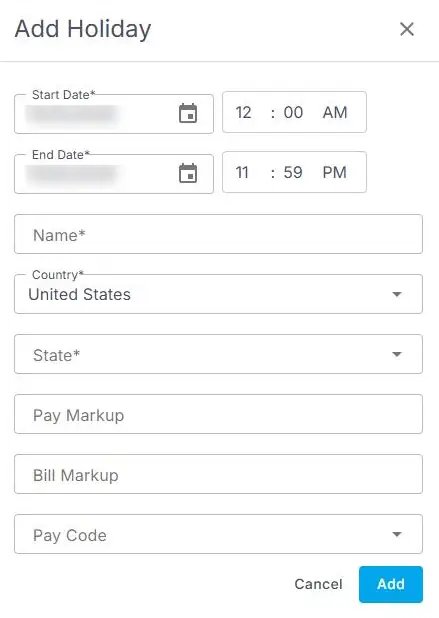 The Add Holiday form in NextCrew, with Start Date and End Date fields with times, Name, Country, State, Pay Markup, Bill Markup and Pay Code, and Cancel and Add buttons