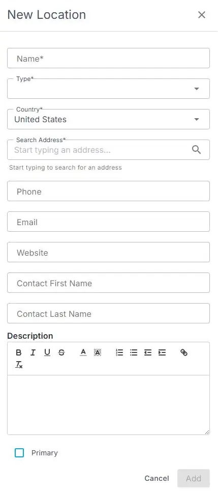 The New Location form in NextCrew, with fields for Name, Type, Country, Search Address, Phone, Email, Website, Contact First Name, Contact Last Name and Description, a Primary checkbox, and Cancel and Add buttons