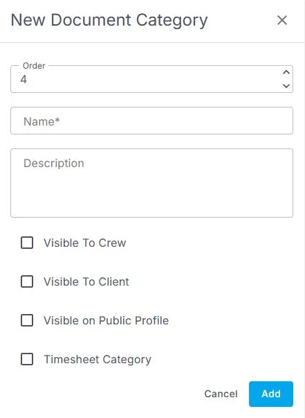 The New Document Category form in NextCrew, with fields for Order, Name and Description, checkboxes for Visible To Crew, Visible To Client, Visible on Public Profile and Timesheet Category, and Cancel and Add buttons