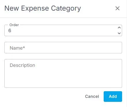 The New Expense Category form in NextCrew, with fields for Order, Name and Description, and Cancel and Add buttons