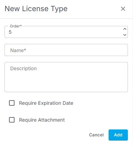 The New License Type form in NextCrew, with fields for Order, Name and Description, Require Expiration Date and Require Attachment checkboxes, and Cancel and Add buttons