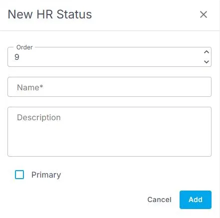 The New HR Status form in NextCrew, with fields for Order, Name and Description, a Primary checkbox, and Cancel and Add buttons