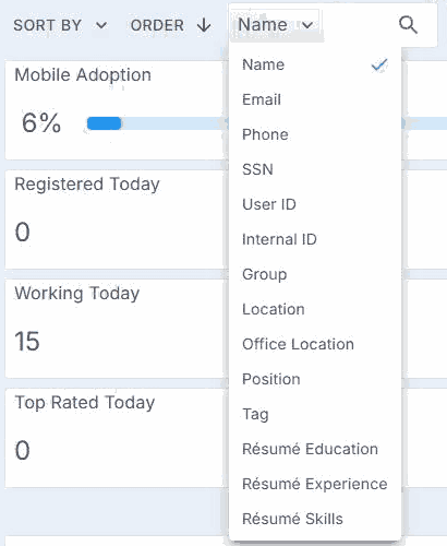 The Crew Members list in NextCrew with the search-by menu open beside the search box, listing Name, Email, Phone, SSN, User ID, Internal ID, Group, Location, Office Location, Position, Tag, Résumé Education, Résumé Experience and Résumé Skills