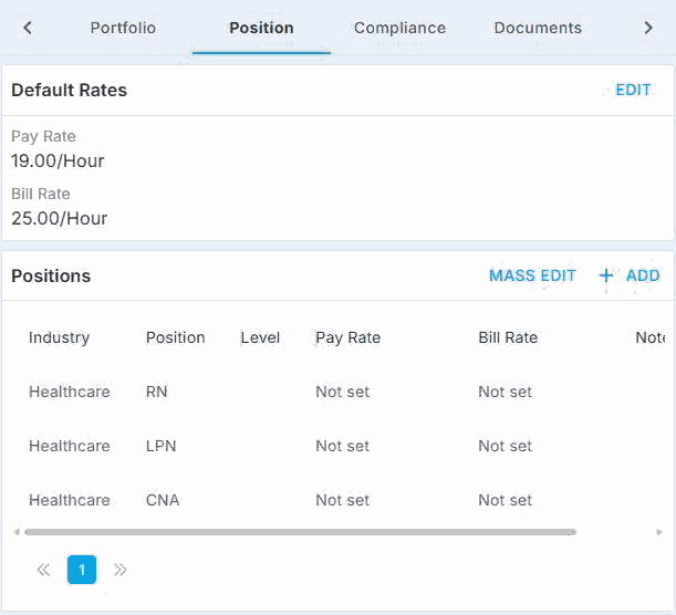 The Position tab on a Crew record in NextCrew, showing Default Rates with an EDIT link, and a Positions table with Industry, Position, Level, Pay Rate and Bill Rate columns and MASS EDIT and + ADD links