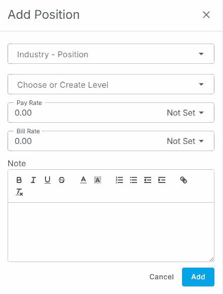 The Add Position form in NextCrew, with fields for Industry - Position, Level, Pay Rate, Bill Rate and Note, and Cancel and Add buttons