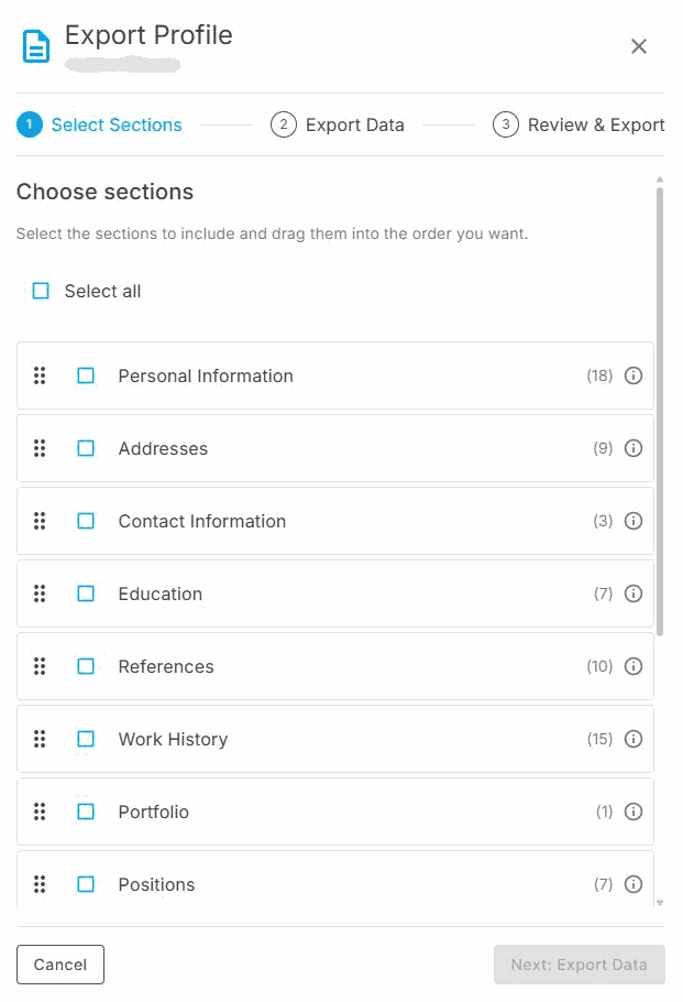 The first step of Export Profile in NextCrew, Select Sections, listing sections such as Personal Information, Addresses, Contact Information, Education, References, Work History, Portfolio and Positions, each with a checkbox and a drag handle