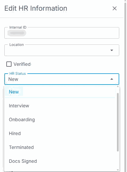 The Edit HR Information form in NextCrew with the HR Status drop-down open, listing New, Interview, Onboarding, Hired, Terminated and Docs Signed