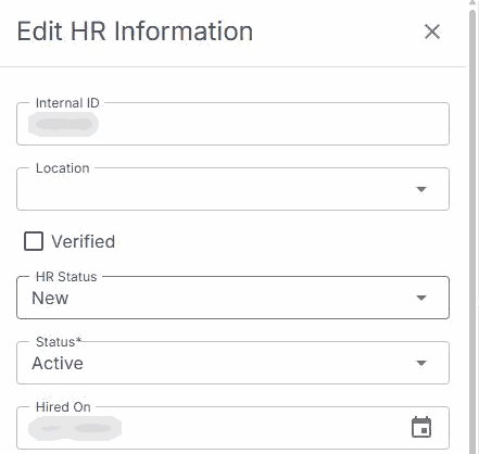 The top of the Edit HR Information form in NextCrew, with Internal ID, Location, Verified, HR Status, Status and Hired On fields