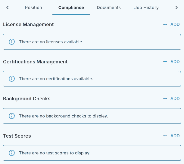 The Compliance tab on a Crew record in NextCrew, with sections for License Management, Certifications Management, Background Checks and Test Scores, each with an ADD link