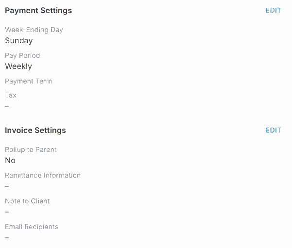 The Configuration tab on a client in NextCrew, showing Payment Settings (Week-Ending Day, Pay Period, Payment Term, Tax) and Invoice Settings (Rollup to Parent, Remittance Information, Note to Client, Email Recipients), each with an EDIT link