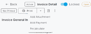 The top of an invoice in NextCrew with the more-actions menu open next to Print, showing Add Attachment, Add Payment and Recalculate