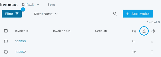 The top of a list in NextCrew with the download icon circled at the top right of the table, next to the gear icon