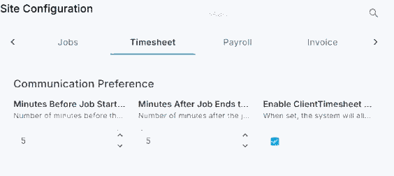 The Timesheet tab of Site Configuration in NextCrew, showing the reminder minutes before job start and after job end, and Enable ClientTimesheet Approval Notification